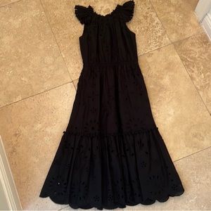 NWT J. Crew Black Eyelet Midi Dress with Pom Pom Sleeve Detail Size 0